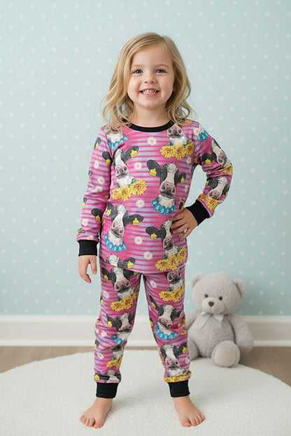 Western stripped sunflower & cow boutique girl pajama set DLH0824-17