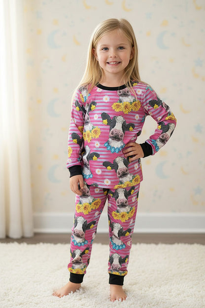 Western stripped sunflower & cow boutique girl pajama set DLH0824-17