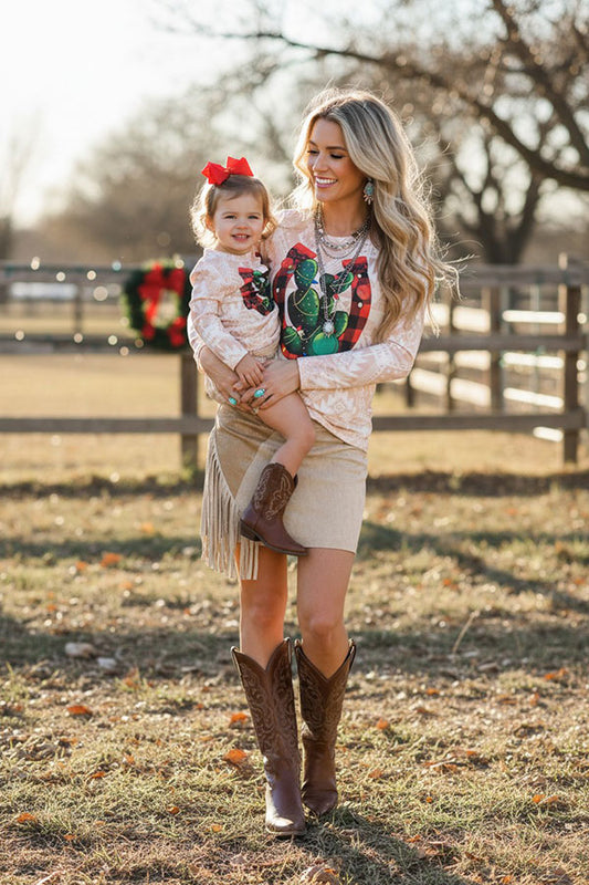Western Horseshoe & Cactus print long sleeve girls boutique top DLH0824-25
