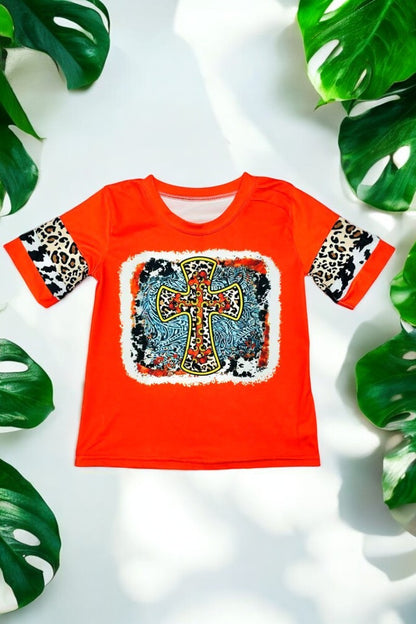 paisley & crossed printed orange top & white skirts 2pc girls set DLH0824-15/DLH2619
