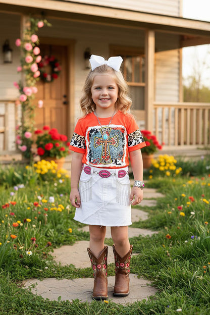 paisley & crossed printed orange top & white skirts 2pc girls set DLH0824-15/DLH2619