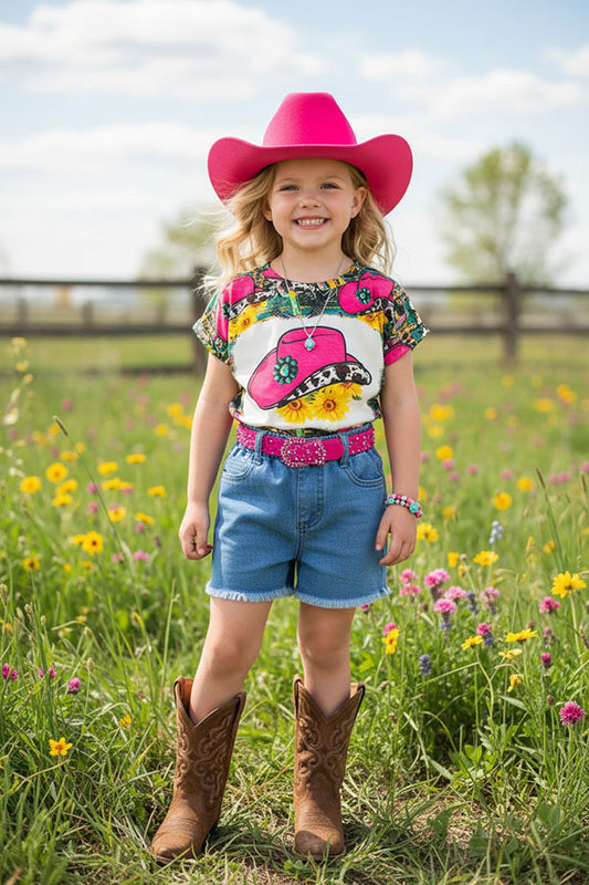 Western girls t-shirt & blue shorts 2pc girls sets DLH0913-17/XCH09002