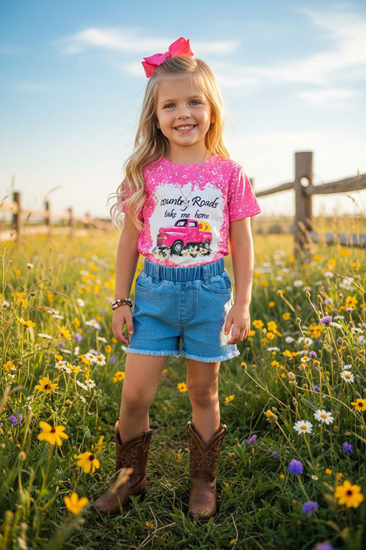 Pink printed t-shirt & blue shorts 2pc girls set DLH0923-06/XCH09002