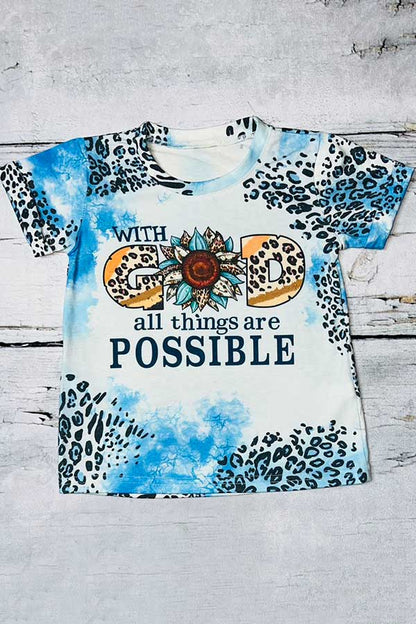 Girls t-shirt "With God All Things Are Possible" bleached blue animal print short sleeve DLH0923-08