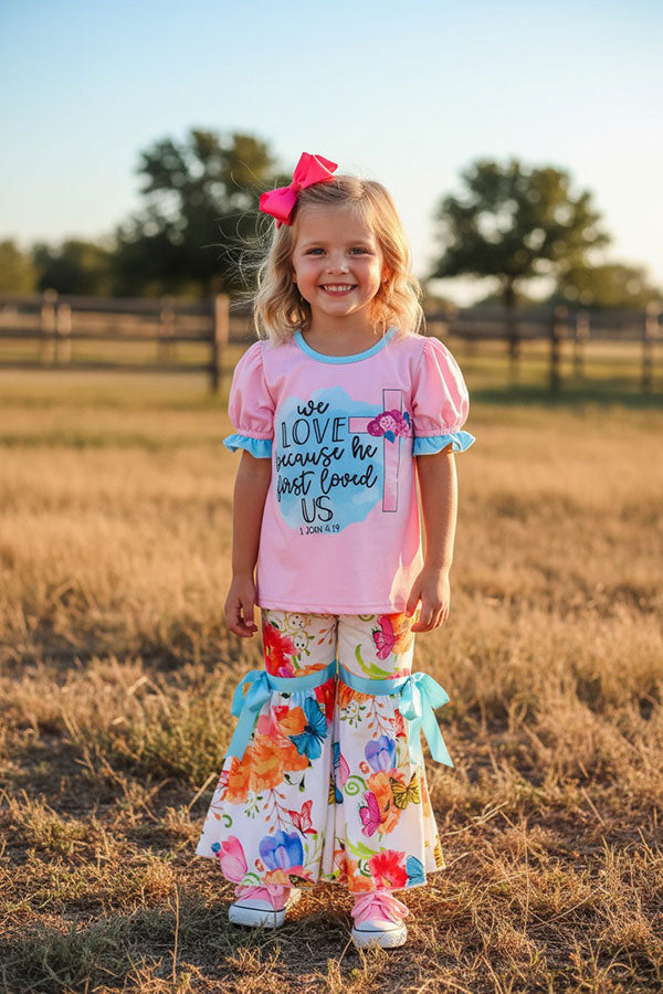 WE LOVE BECAUSE HE FIRST LOVED US Floral & butterfly girls boutique set DLH0923-13