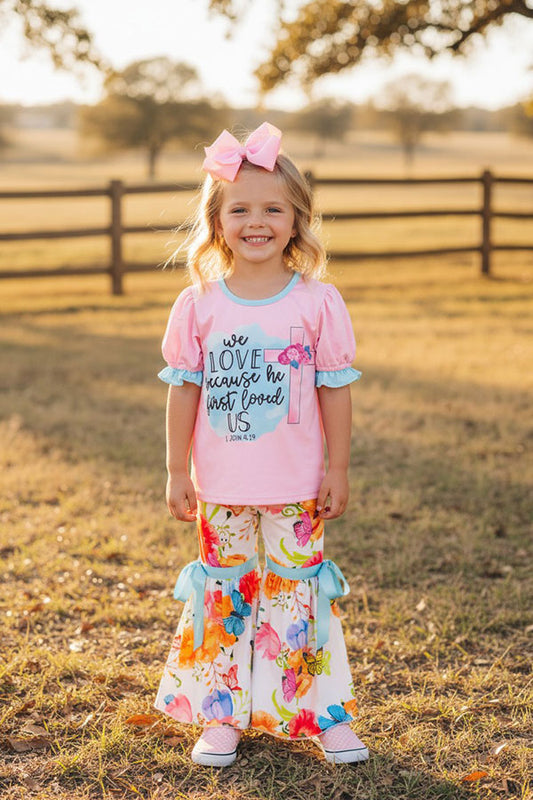 WE LOVE BECAUSE HE FIRST LOVED US Floral & butterfly girls boutique set DLH0923-13