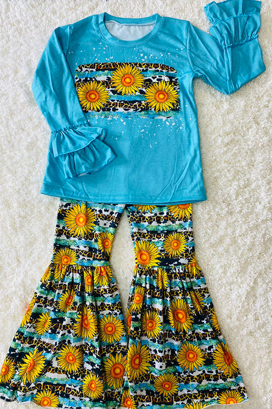 DLH0923-15 Sunflower & Leopard prints ruffle long sleeve top bell bottom girls sets