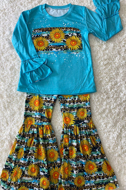 Sunflower & Leopard prints ruffle long sleeve top bell bottom girls sets D1017-2