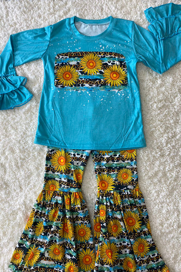Sunflower & Leopard prints ruffle long sleeve top bell bottom girls sets D1017-2