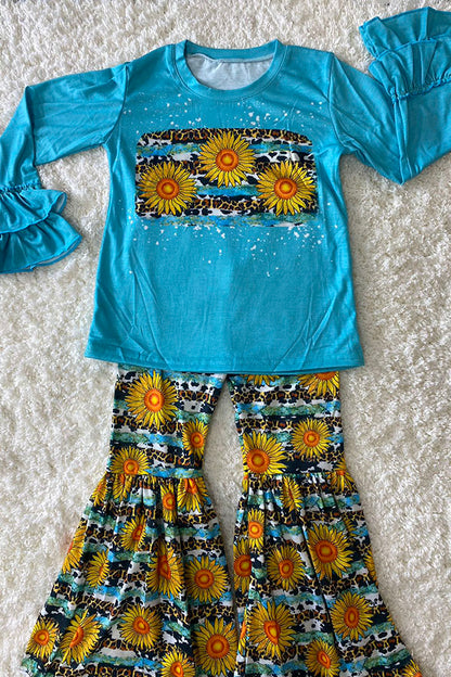 Sunflower & Leopard prints ruffle long sleeve top bell bottom girls sets D1017-2