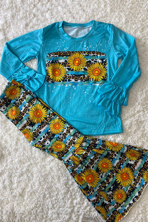 Sunflower & Leopard prints ruffle long sleeve top bell bottom girls sets D1017-2