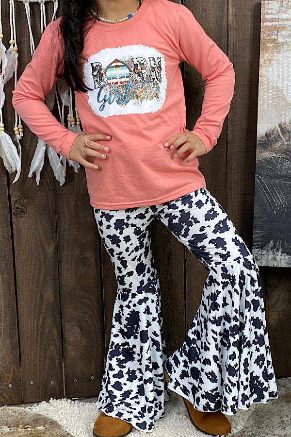 "Farm Girl" peach top w/cow print bell bottoms long 2pc set DLH0923-23