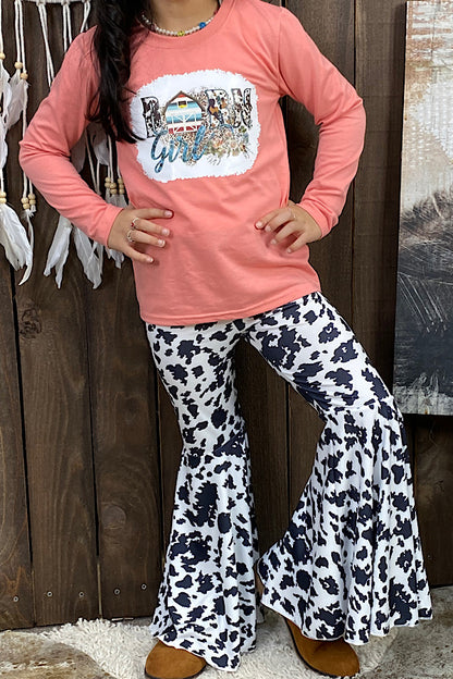 "Farm Girl" peach top w/cow print bell bottoms long 2pc set DLH0923-23