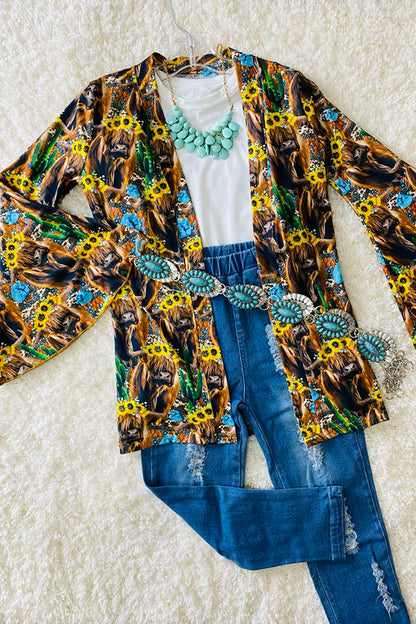 Multicolor bull w/sunflowers & cactus bell sleeve cardigan DLH0923-28