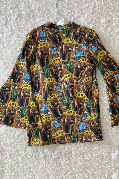 Multicolor bull w/sunflowers & cactus bell sleeve cardigan DLH0923-28