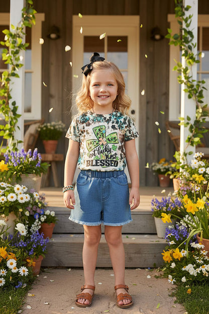 NOT LUCKY JUST BLESSED top & denim shorts 2pc girls set DLH0923-30/XCH09002