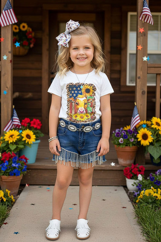 4th of July Cow USA Sunflower printed girls t-shirt DLH0923-32