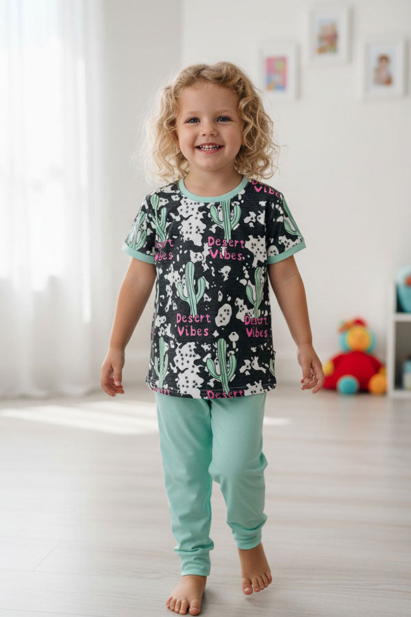 Western "Desert Vibes" &  cactus short sleeve boutique girls pajama set DLH0923-35
