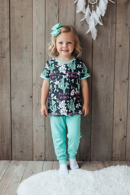 Western "Desert Vibes" &  cactus short sleeve boutique girls pajama set DLH0923-35