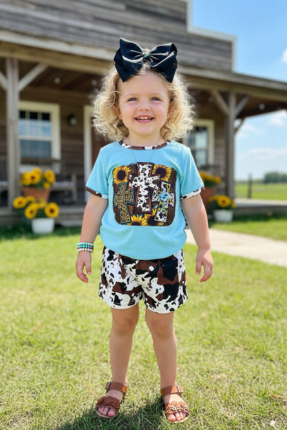 Western cow &sunflower blue t-shirt w/cow shorts girls boutique set DLH0923-37