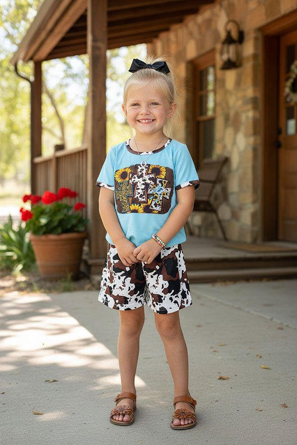 Western cow &sunflower blue t-shirt w/cow shorts girls boutique set DLH0923-37