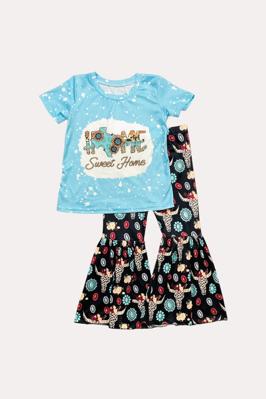 D1017-11 HOME SWEET HOME blue printed bell-bottom girls set