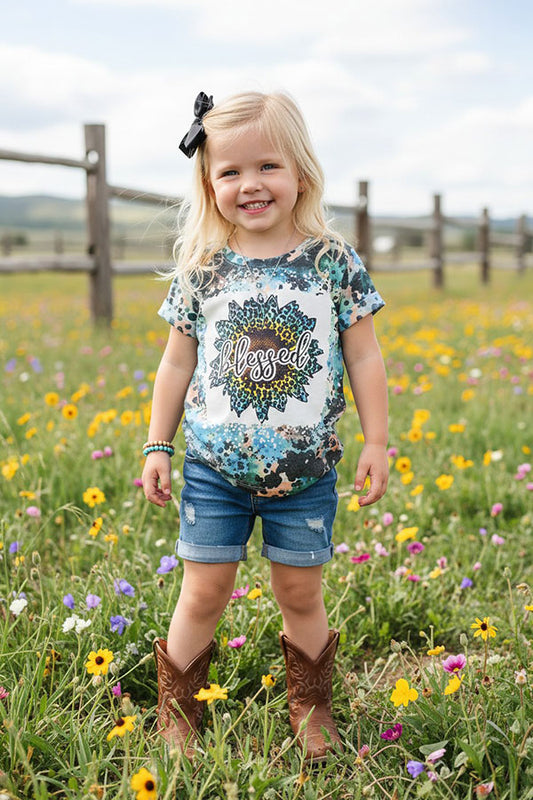 "BLESSED" multicolor animal print sunflower short sleeve t-shirt DLH1017-9