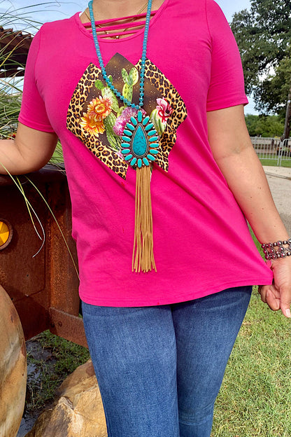 Western fuchsia leopard cactus short sleeve women's boutique top DLH10323