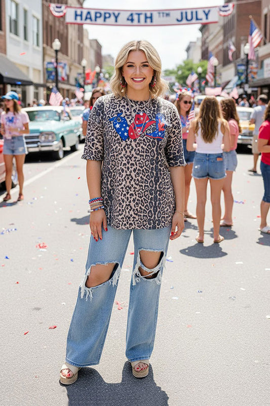 4th July Leopard printed w/bandanna, cowboy hat & boot print women t-shirt DLH10800-2
