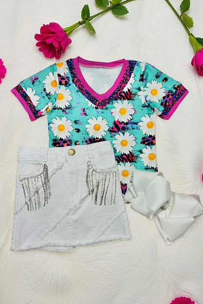 Western daisy & animal girls t-shirt & white skirt 2pc girls set DLH10821-1 DLH2619
