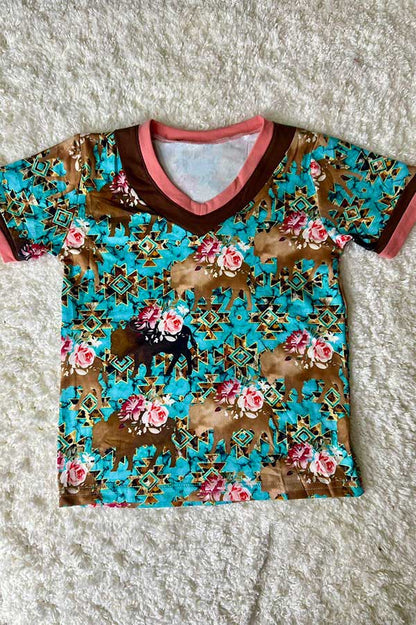 Turquoise aztec & cow prints short sleeve girls t-shirt & leopard shorts girls set DLH10821-2/DLH2771