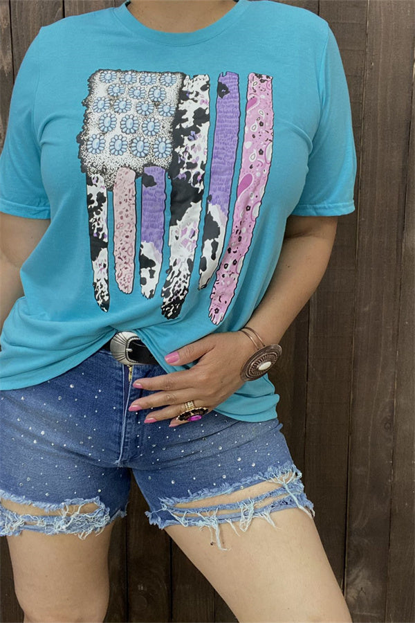 DLH10860 Blue t-shirt w/multi cow & jewel printed short sleeve women tops