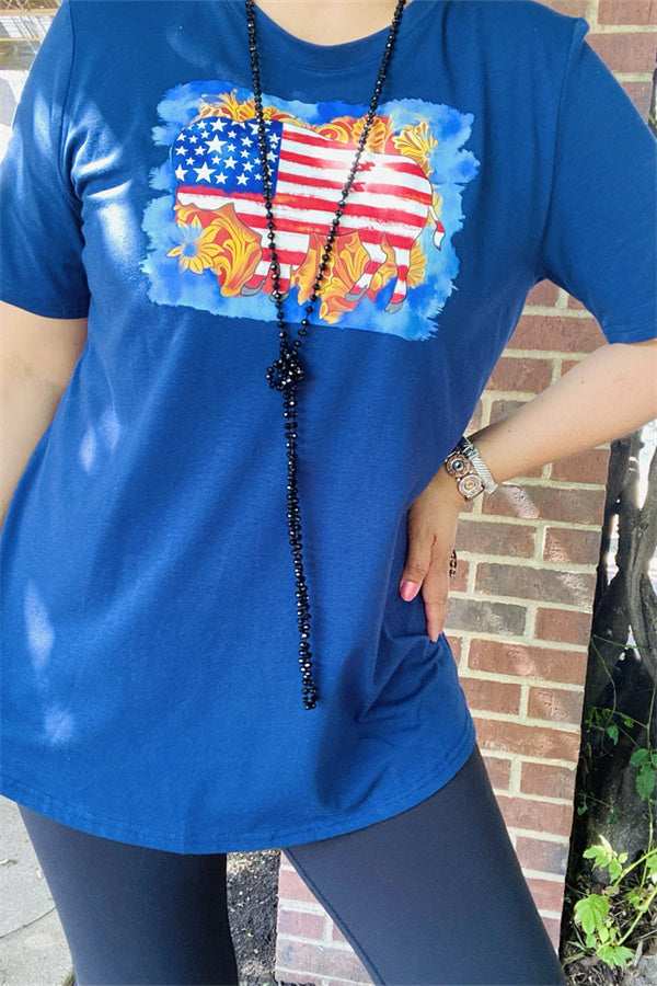 DLH10901 Blue USA Flag printed buffalo short sleeve women tops