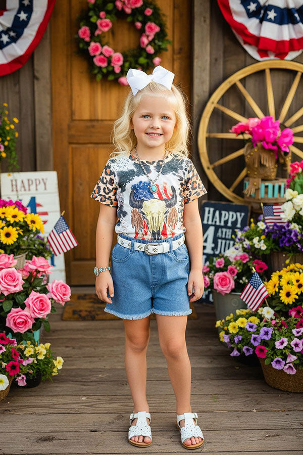 4th of July USA bull skull leopard girls t-shirt & blue shorts 2pc girls set DLH1108-12/XCH09002