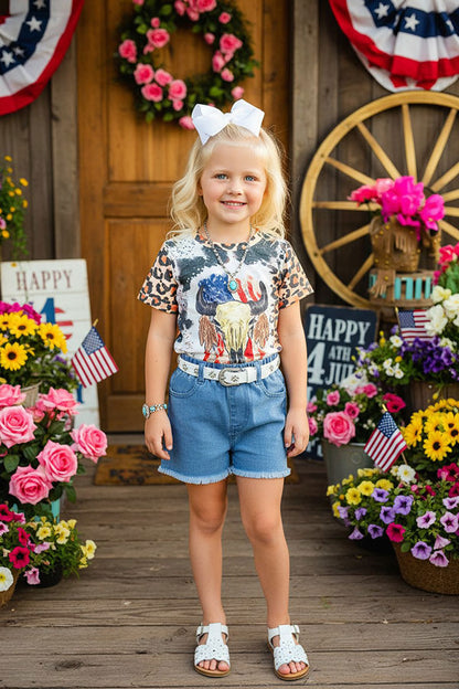 4th of July USA bull skull leopard girls t-shirt & blue shorts 2pc girls set DLH1108-12/XCH09002