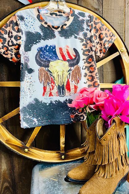 4th of July USA bull skull leopard girls t-shirt & blue shorts 2pc girls set DLH1108-12/XCH09002