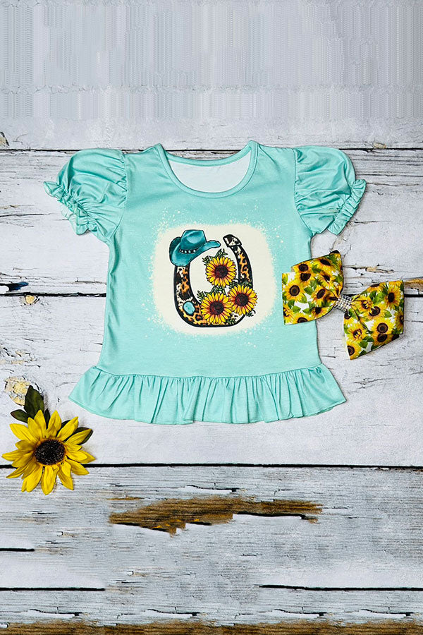 Mint horseshoe ruffle top & blue shorts 2pc girls sets DLH1108-16/XCH09001