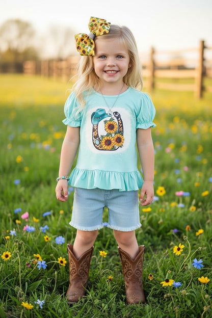 Mint horseshoe ruffle top & blue shorts 2pc girls sets DLH1108-16/XCH09001