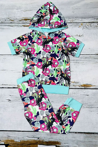 Western floral horse riding cowboy hoodie girls boutique set DLH1108-17