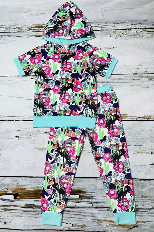 Western floral horse riding cowboy hoodie girls boutique set DLH1108-17