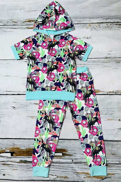 Western floral horse riding cowboy hoodie girls boutique set DLH1108-17
