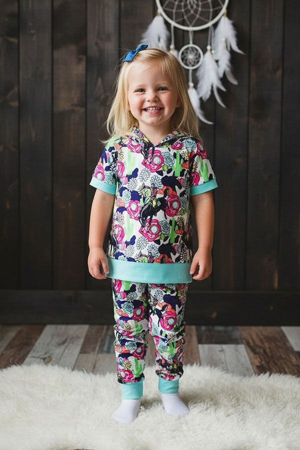 Western floral horse riding cowboy hoodie girls boutique set DLH1108-17