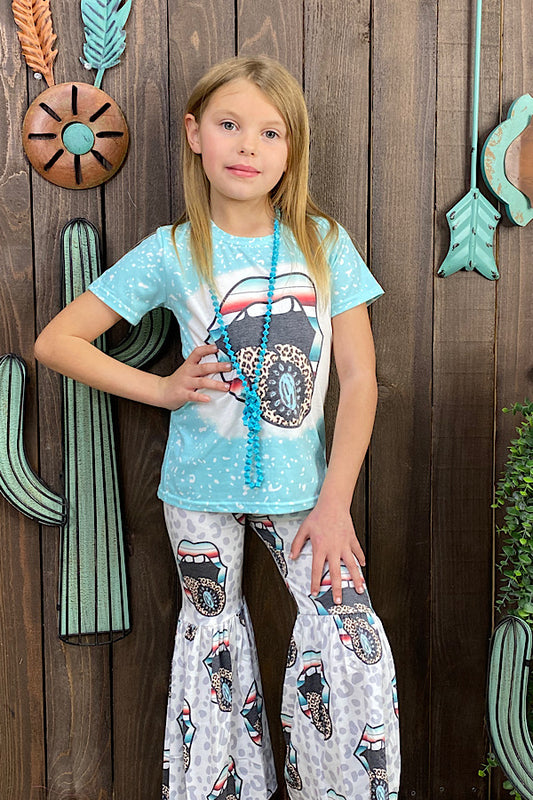 Bleached aqua open lips w/cheetah print tongue 2pc short sleeve girls set DLH1108-3