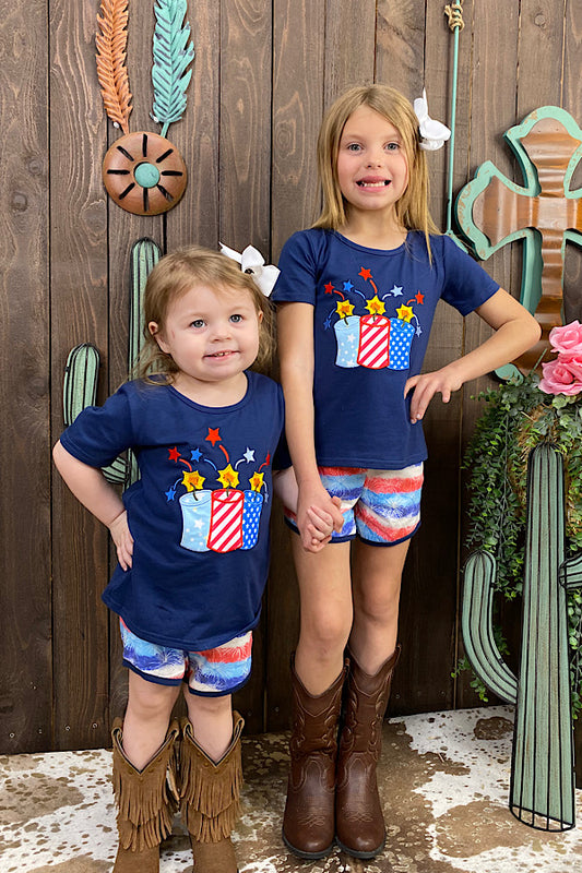 4th of July Fire works printed girl short set DLH1108-9