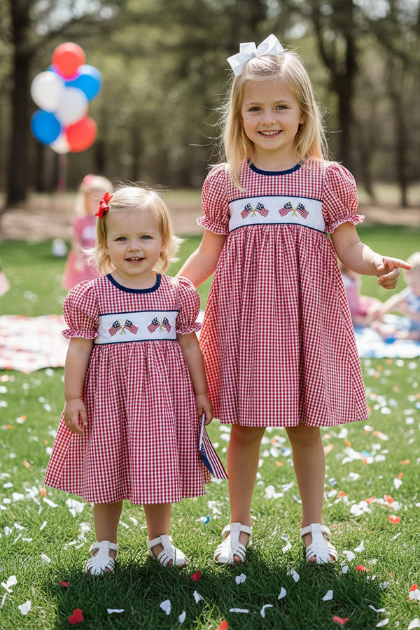 DLH1114-2 4th July USA Flag embroidery girls dress w/puff sleeves