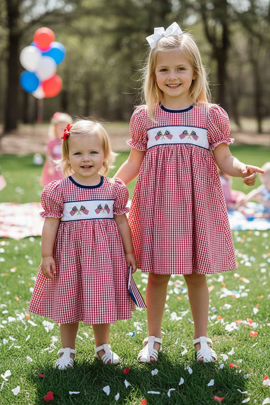 DLH1114-2 4th July USA Flag embroidery girls dress w/puff sleeves