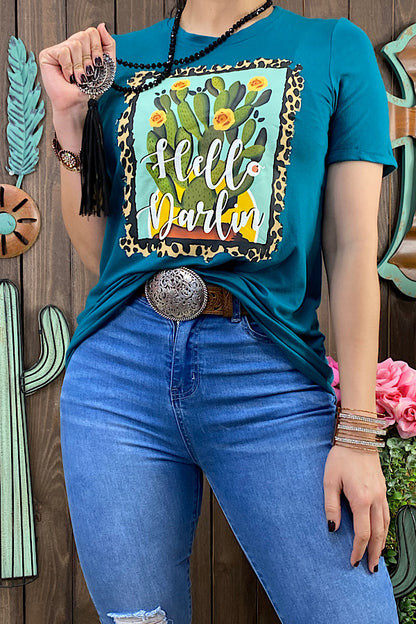 Western HELLO DARLIN Cactus printed short sleeve women t-shirt DLH11194-2