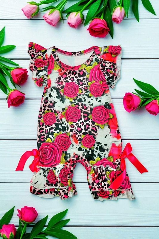 Pink leopard & flower printed with short sleeves infant baby romper DLH1124-10