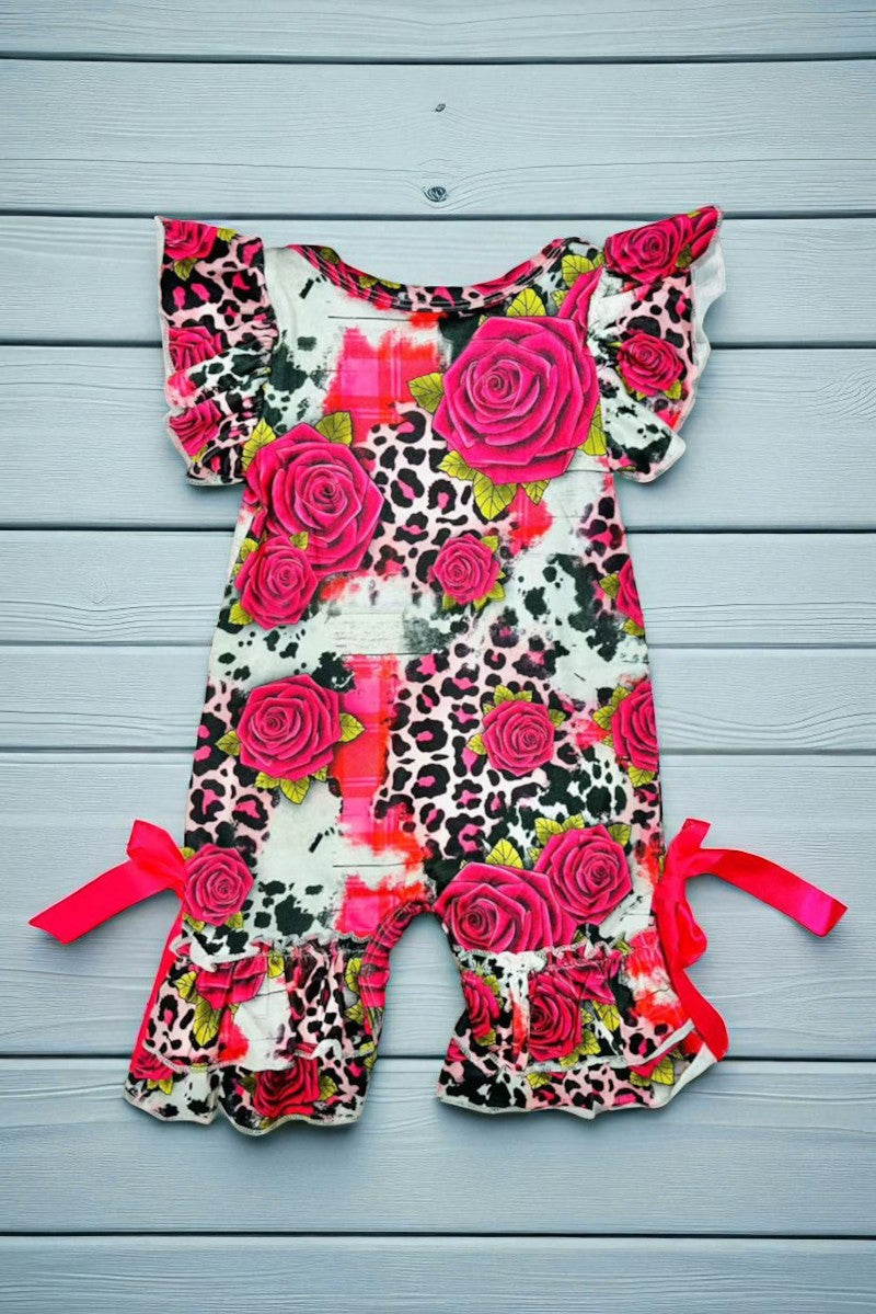 Pink leopard & flower printed with short sleeves infant baby romper DLH1124-10