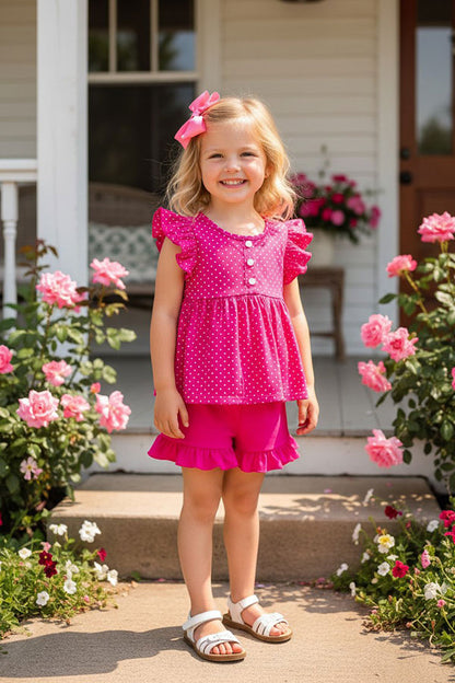 Trendy Pink polka dot top & shorts 2pcs girls boutique set DLH1124-14